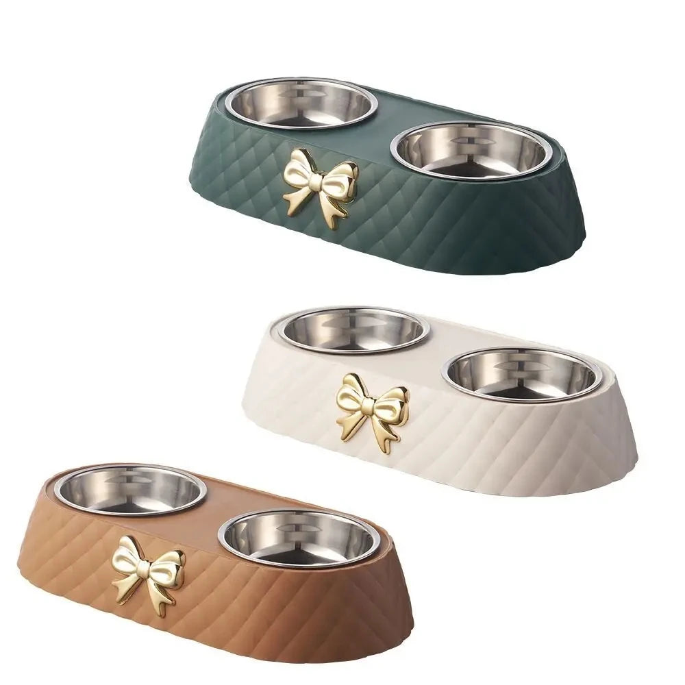 Elegant Bowknot Double Pet Bowl – Stainless Steel Food & Water Feeder