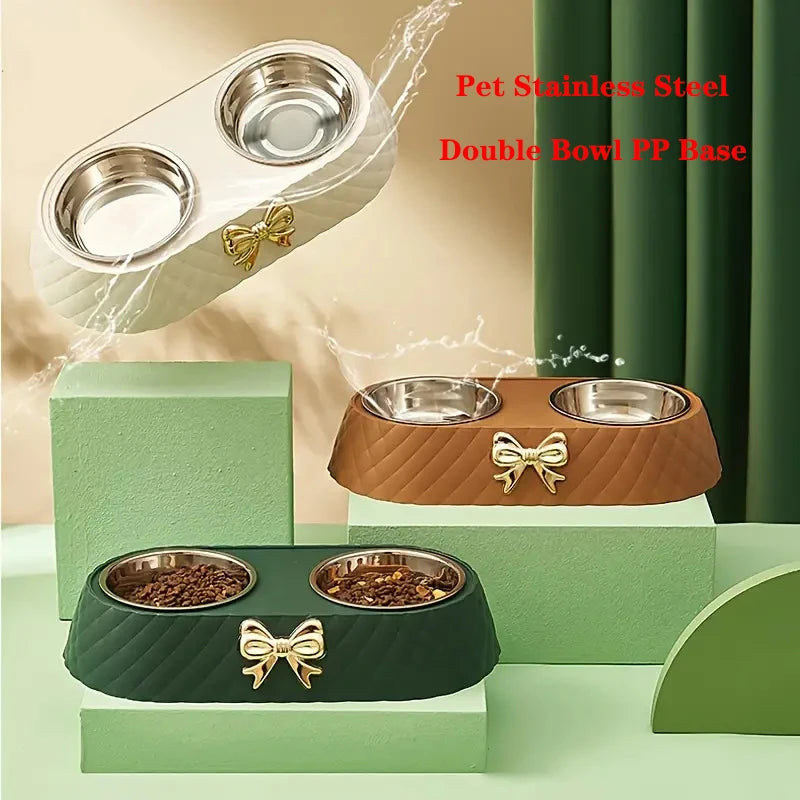 Elegant Bowknot Double Pet Bowl – Stainless Steel Food & Water Feeder