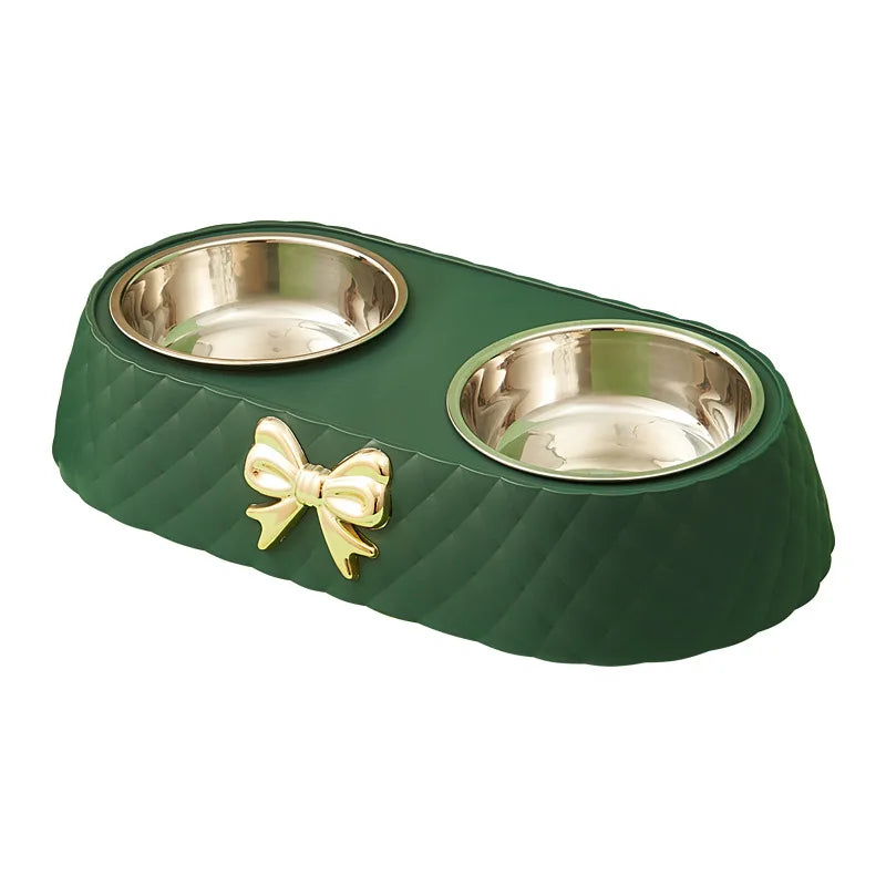 Elegant Bowknot Double Pet Bowl – Stainless Steel Food & Water Feeder