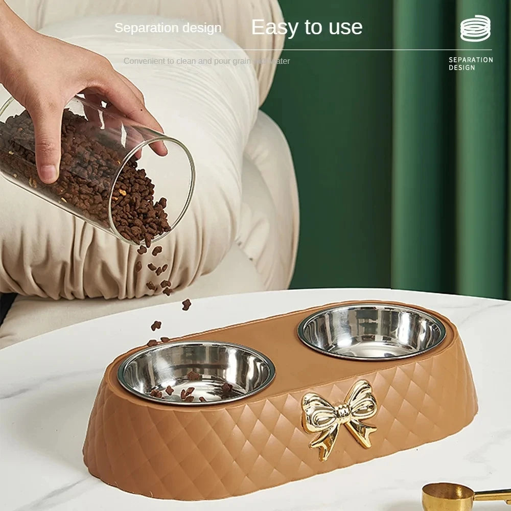 Elegant Bowknot Double Pet Bowl – Stainless Steel Food & Water Feeder