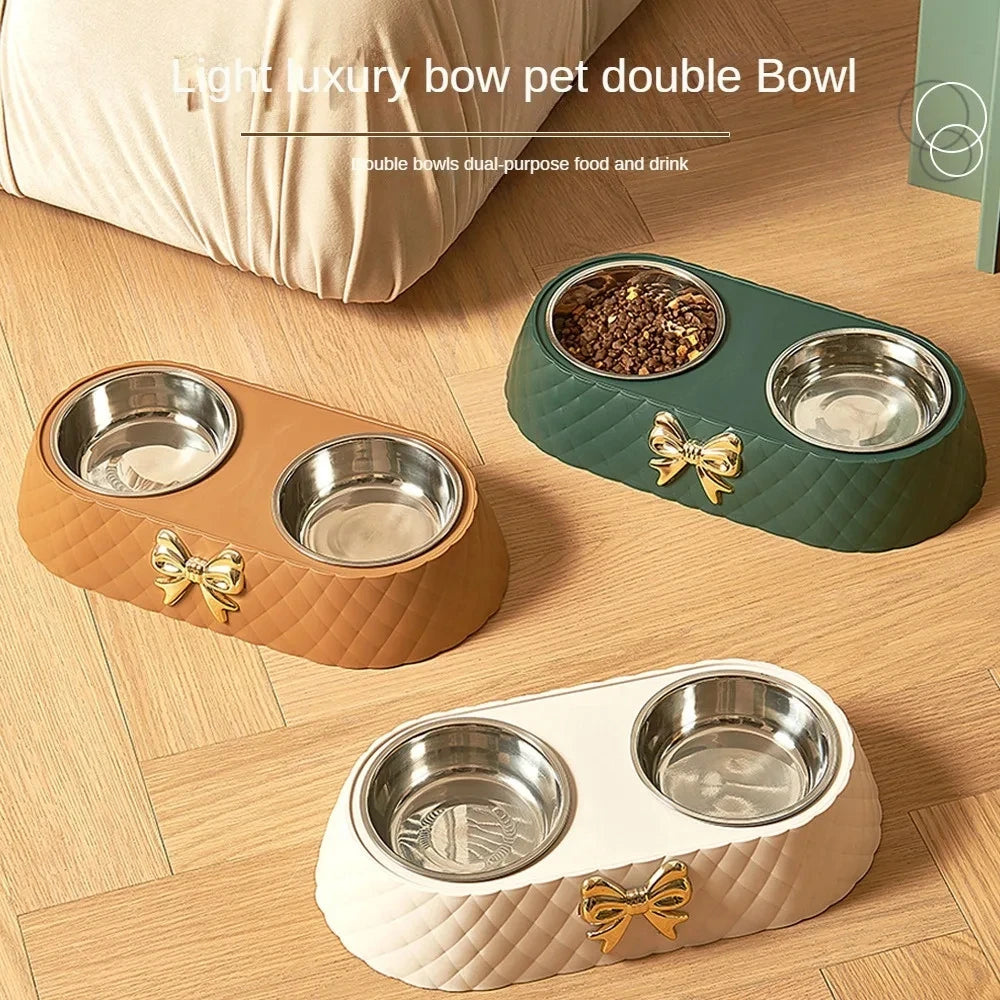 Elegant Bowknot Double Pet Bowl – Stainless Steel Food & Water Feeder