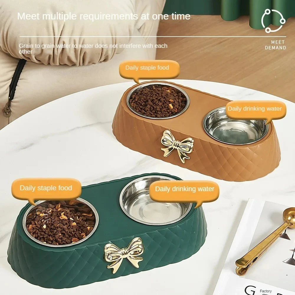 Elegant Bowknot Double Pet Bowl – Stainless Steel Food & Water Feeder